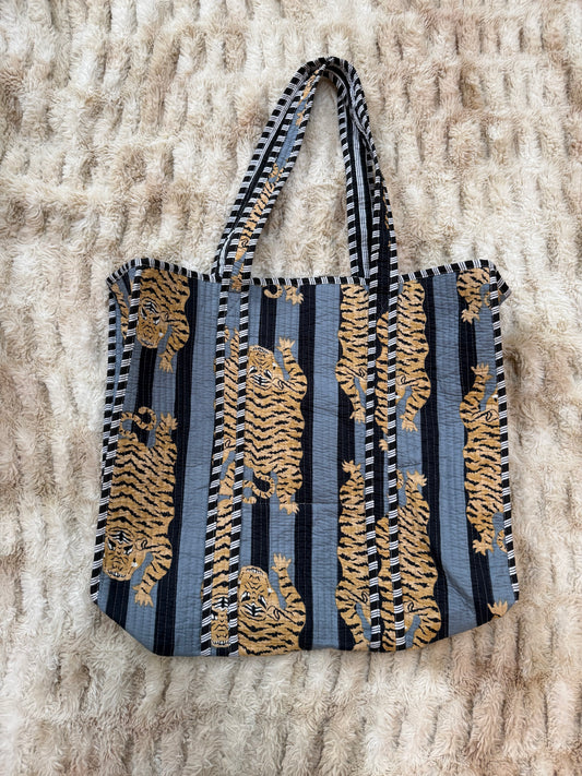 Quilted Cotton Tote Bag - Grey Tiger