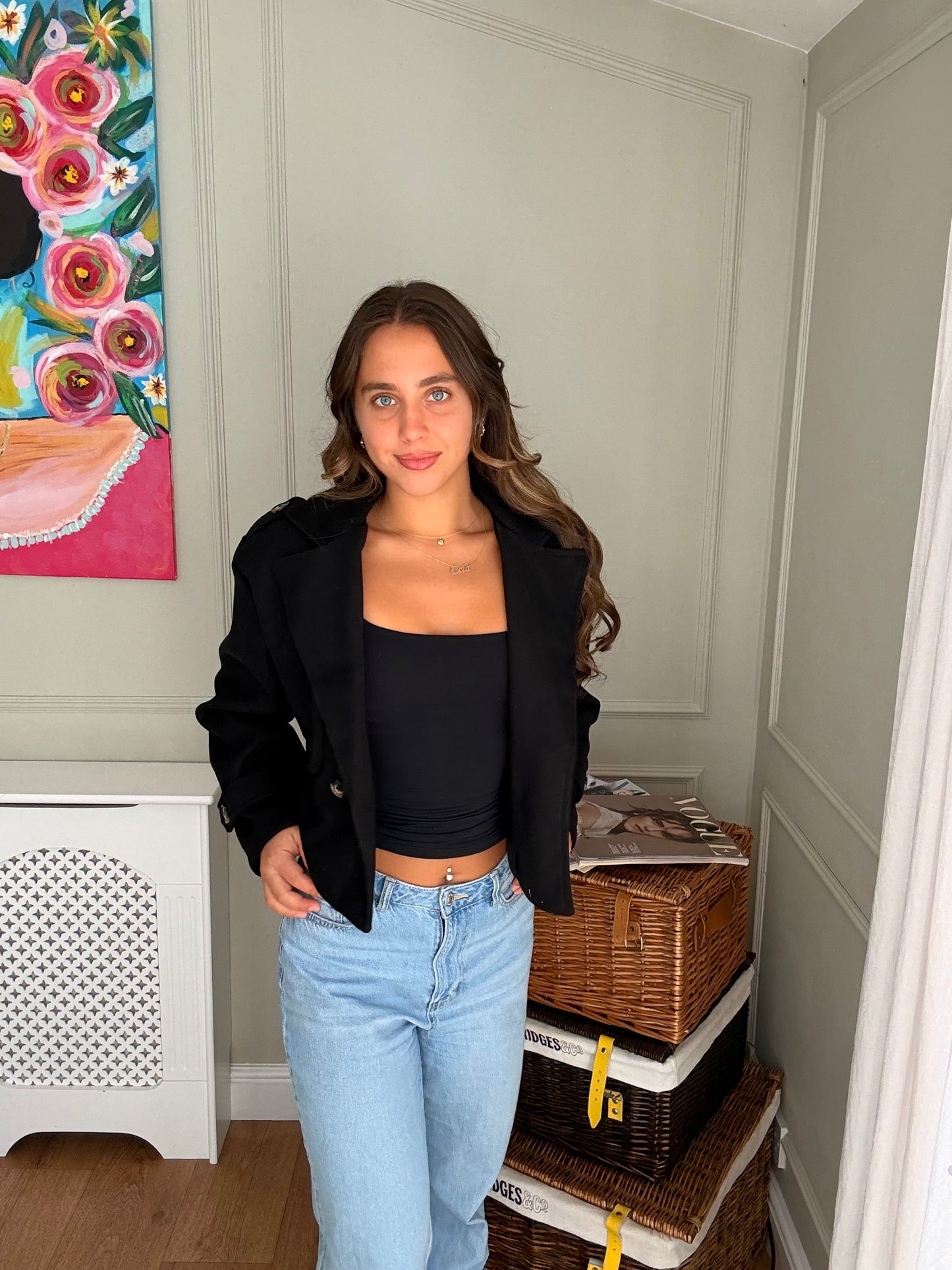 Cropped Double-Breasted Jacket - Black