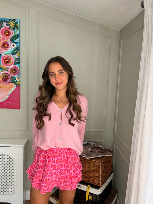 Pink Animal Print Cotton Frill Skort