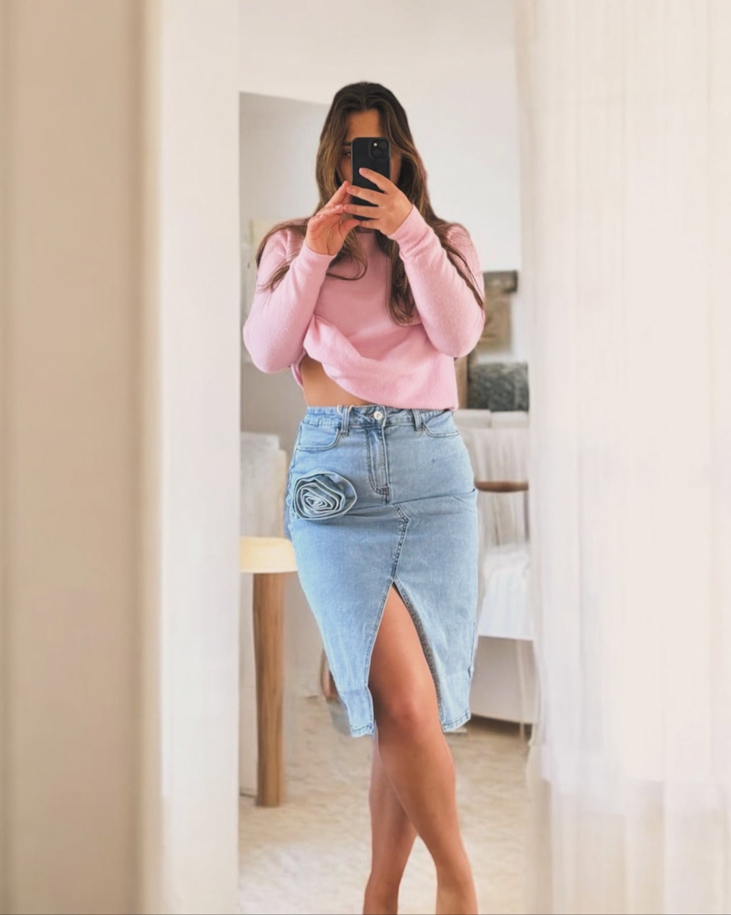 Floral Denim Midi Skirt