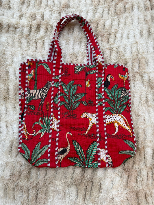 Quilted Cotton Tote Bag - Red Jungle