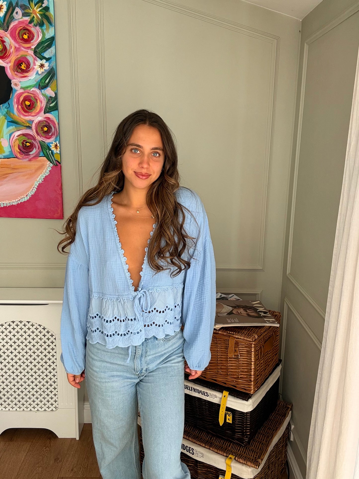 Cotton Tie Front Blouse - Blue