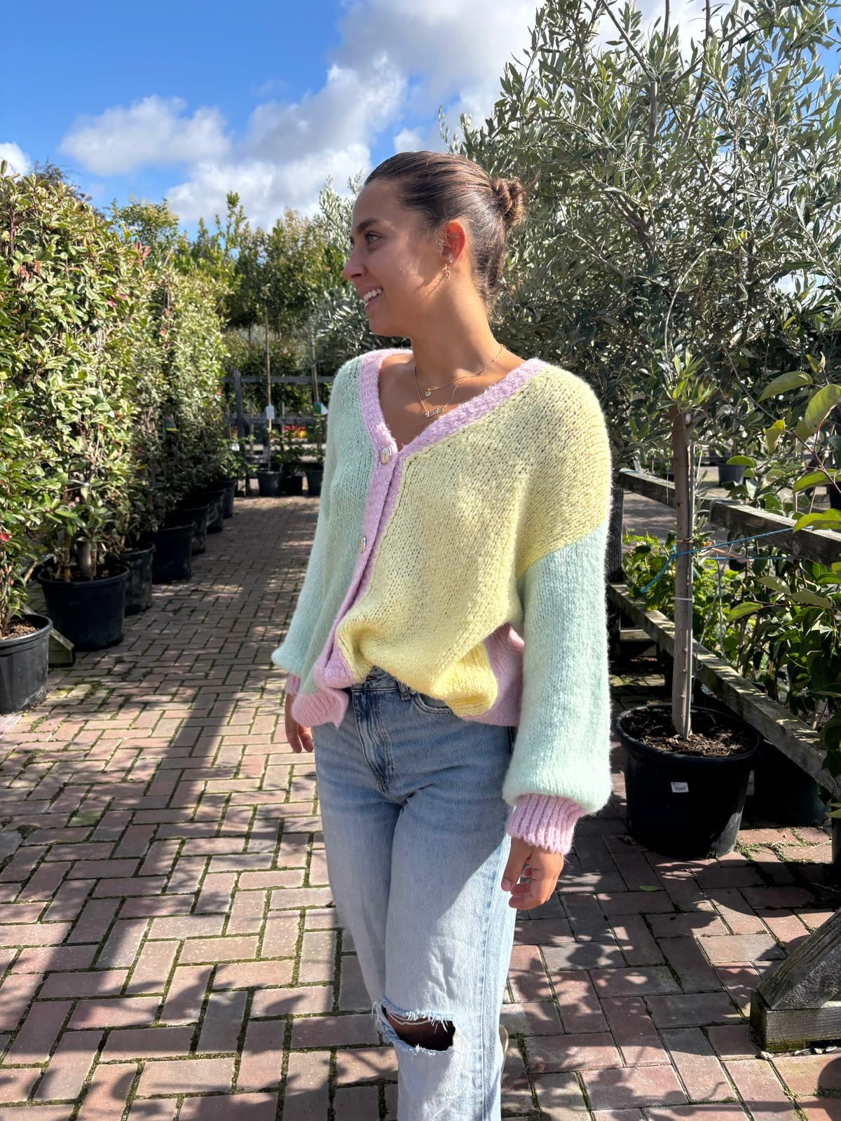Contrast Thick Knit Cardigan - Yellow
