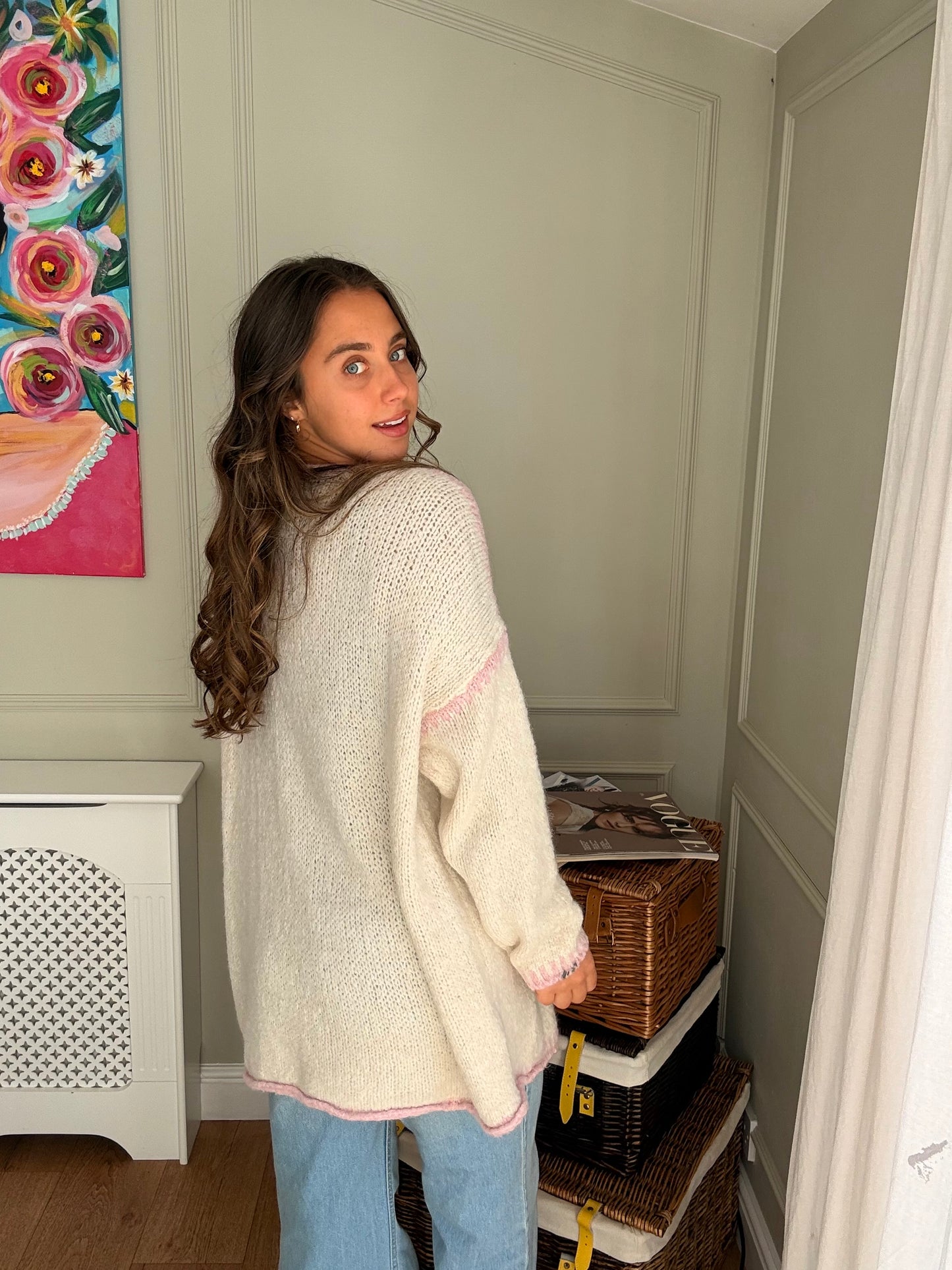 Cream & Pink Contrast Knitted Cardigan