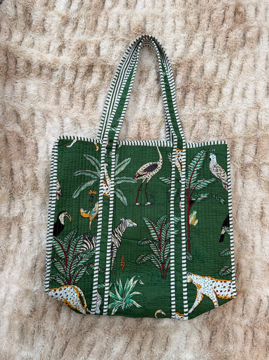 Quilted Cotton Tote Bag - Green Jungle