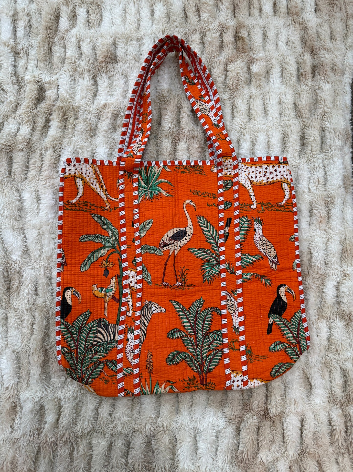 Quilted Cotton Tote Bag - Orange Jungle