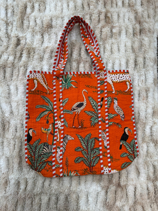 Quilted Cotton Tote Bag - Orange Jungle