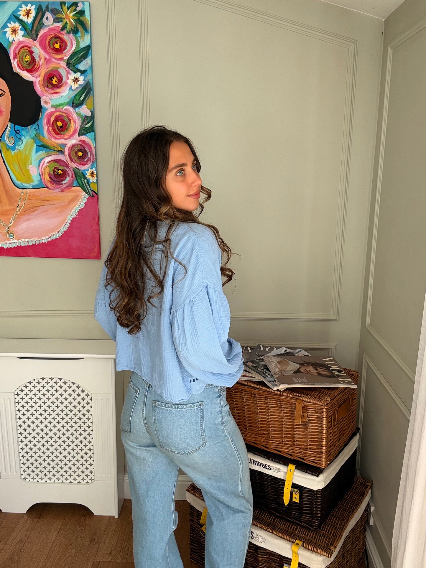 Cotton Tie Front Blouse - Blue