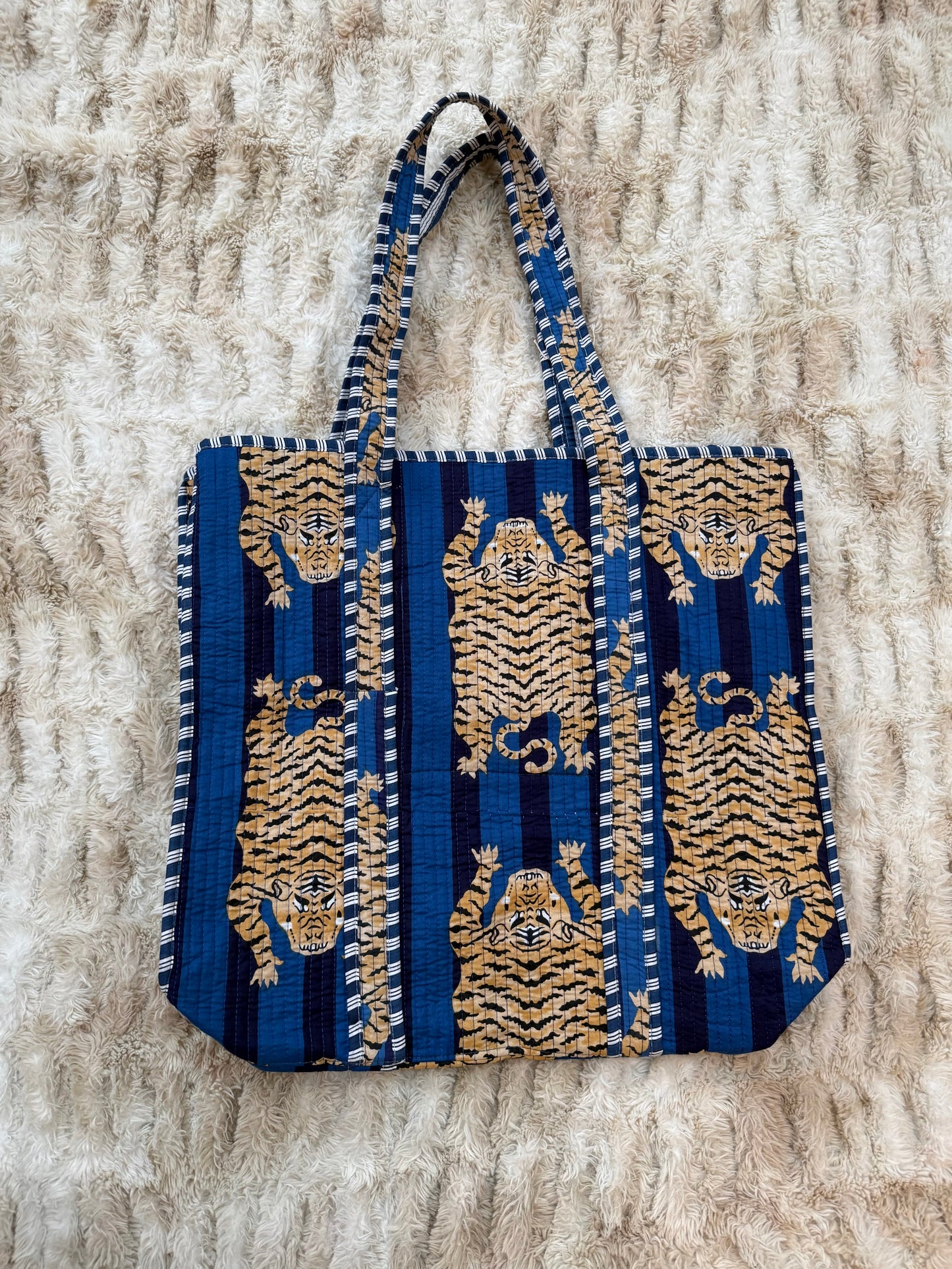 Quilted Cotton Tote Bag - Blue Tiger