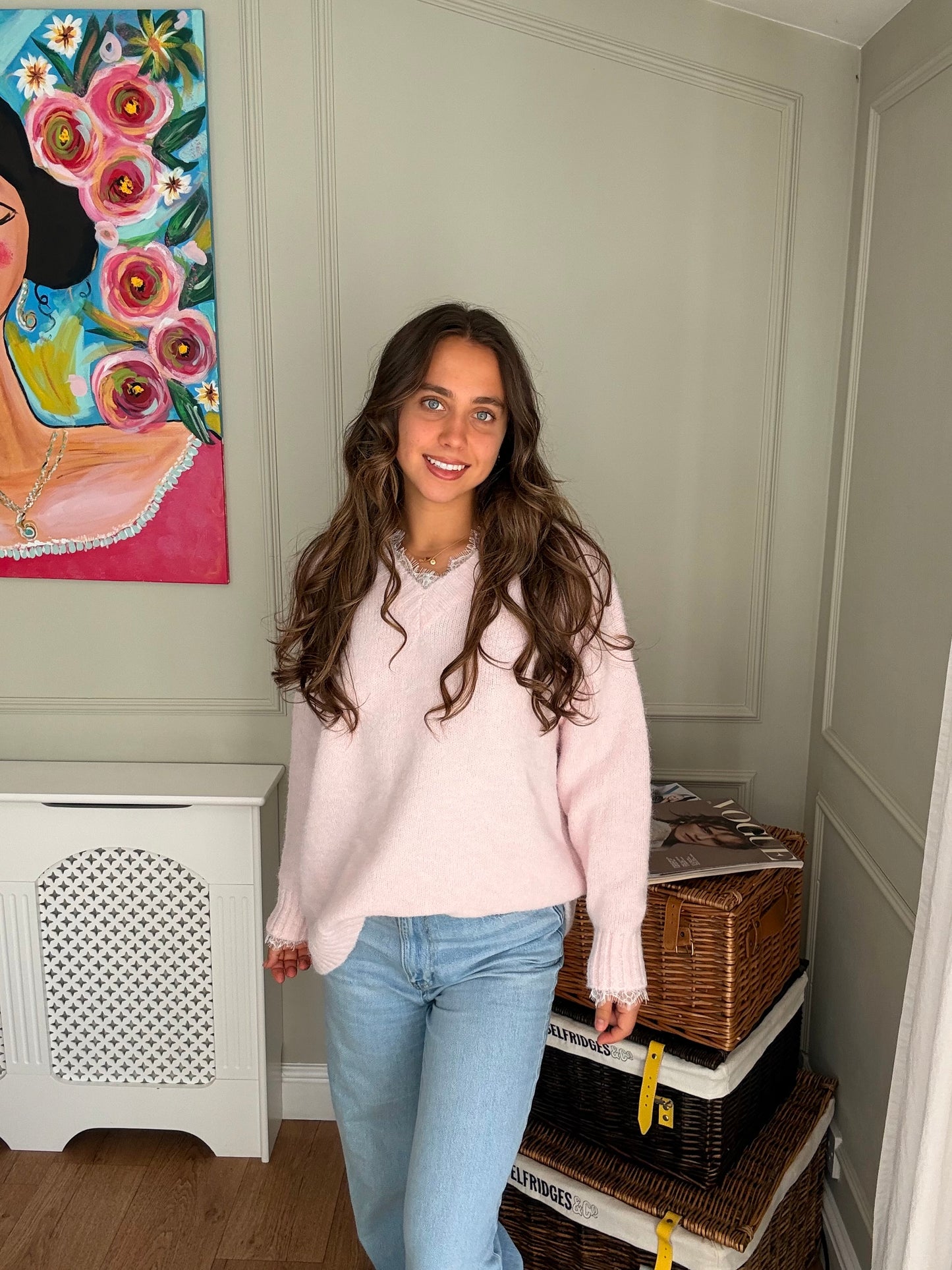 Pink V-Neck Lace Jumper
