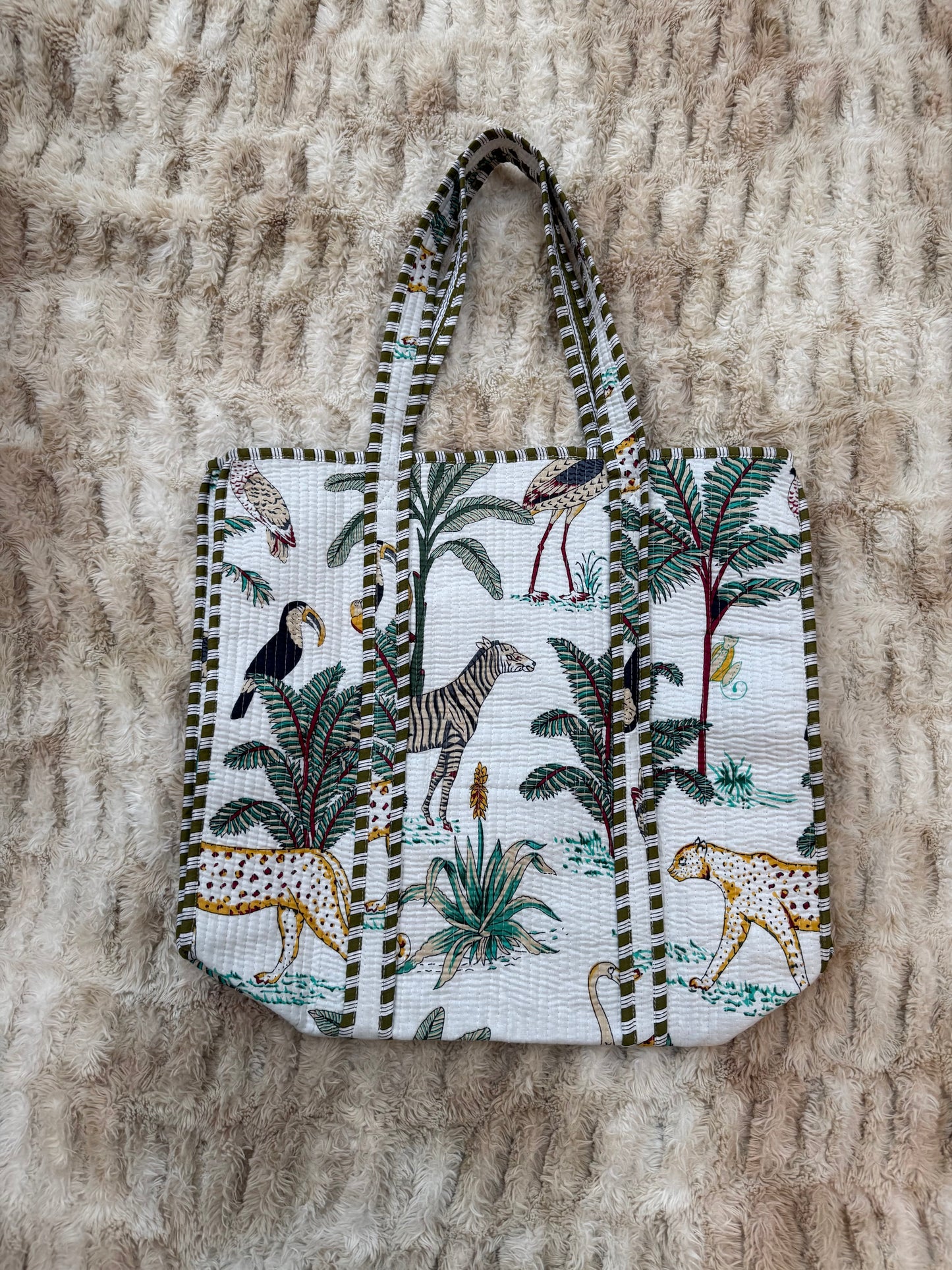 Quilted Cotton Tote Bag - White Jungle