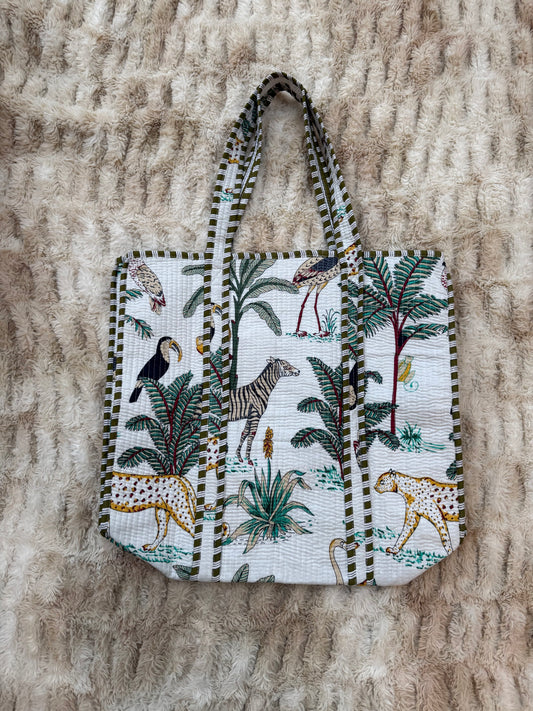 Quilted Cotton Tote Bag - White Jungle