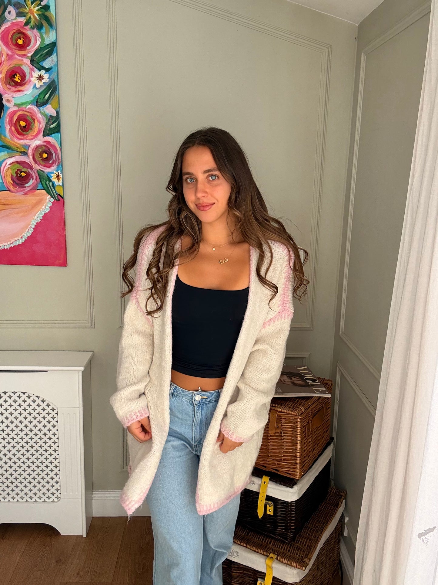 Cream & Pink Contrast Knitted Cardigan