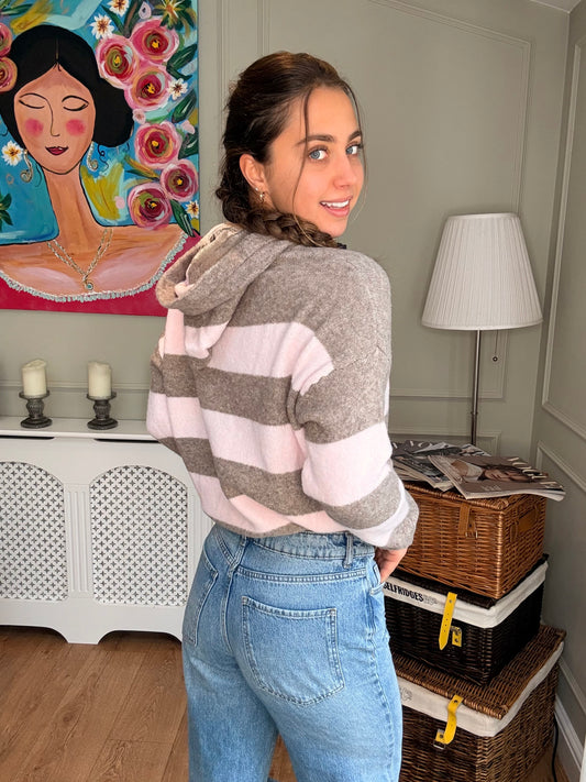 Baby Pink Stripe Knitted Hoodie