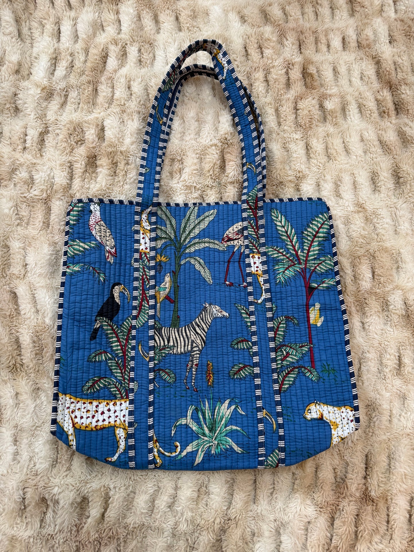 Quilted Cotton Tote Bag - Blue Jungle