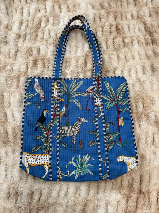 Quilted Cotton Tote Bag - Blue Jungle