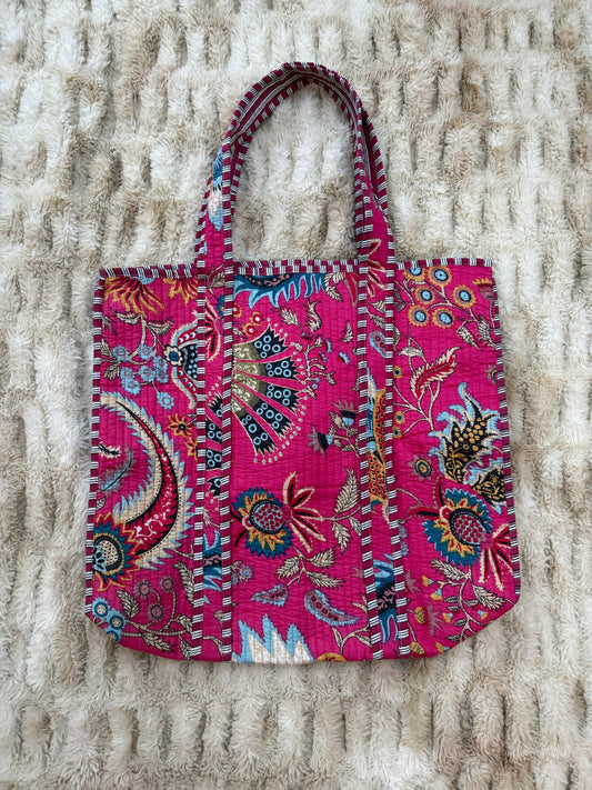 Quilted Cotton Tote Bag - Pink Floral