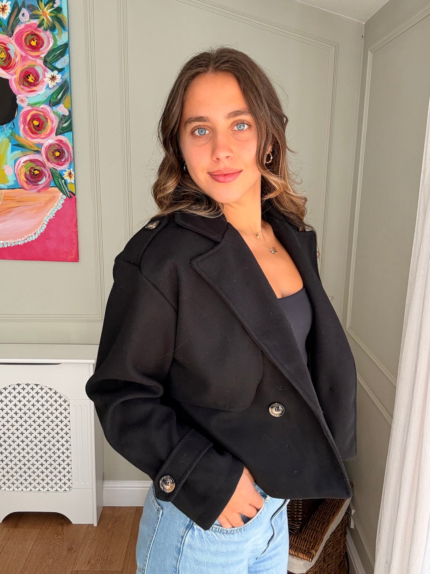 Cropped Double-Breasted Jacket - Black