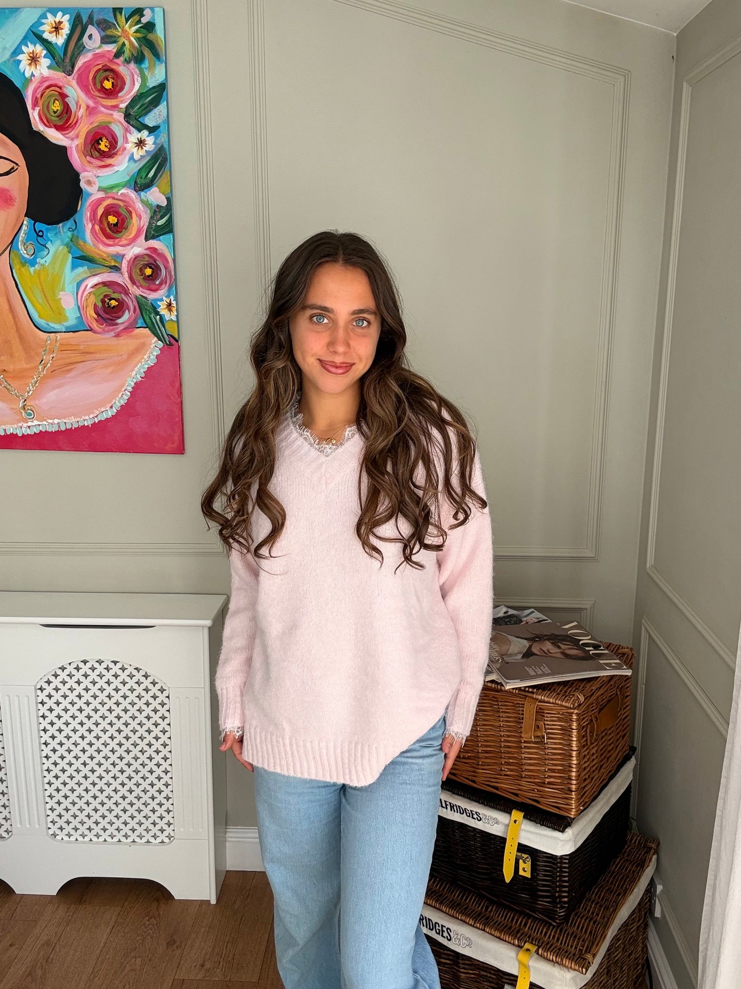 Pink V-Neck Lace Jumper