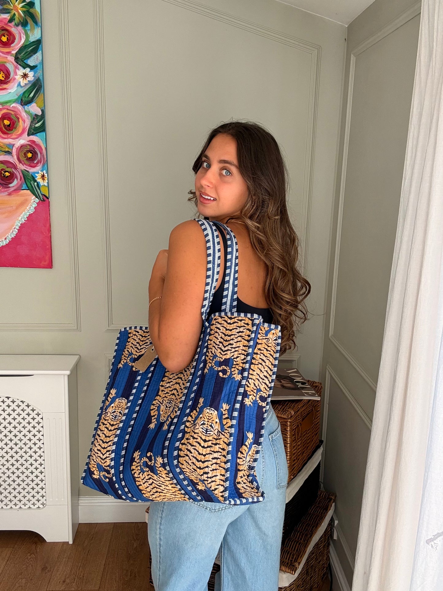 Quilted Cotton Tote Bag - Blue Floral