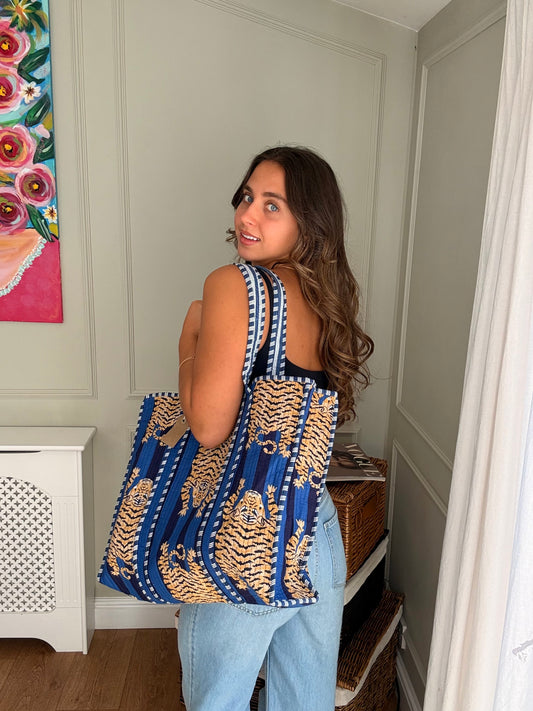 Quilted Cotton Tote Bag - Blue Tiger