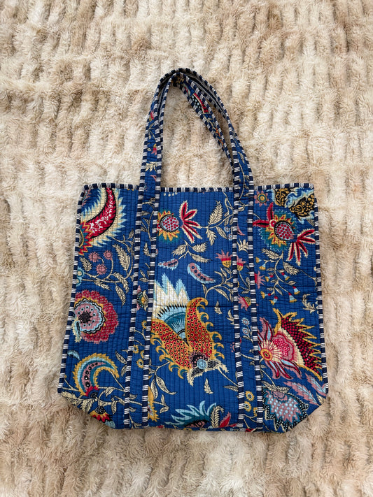 Quilted Cotton Tote Bag - Blue Floral