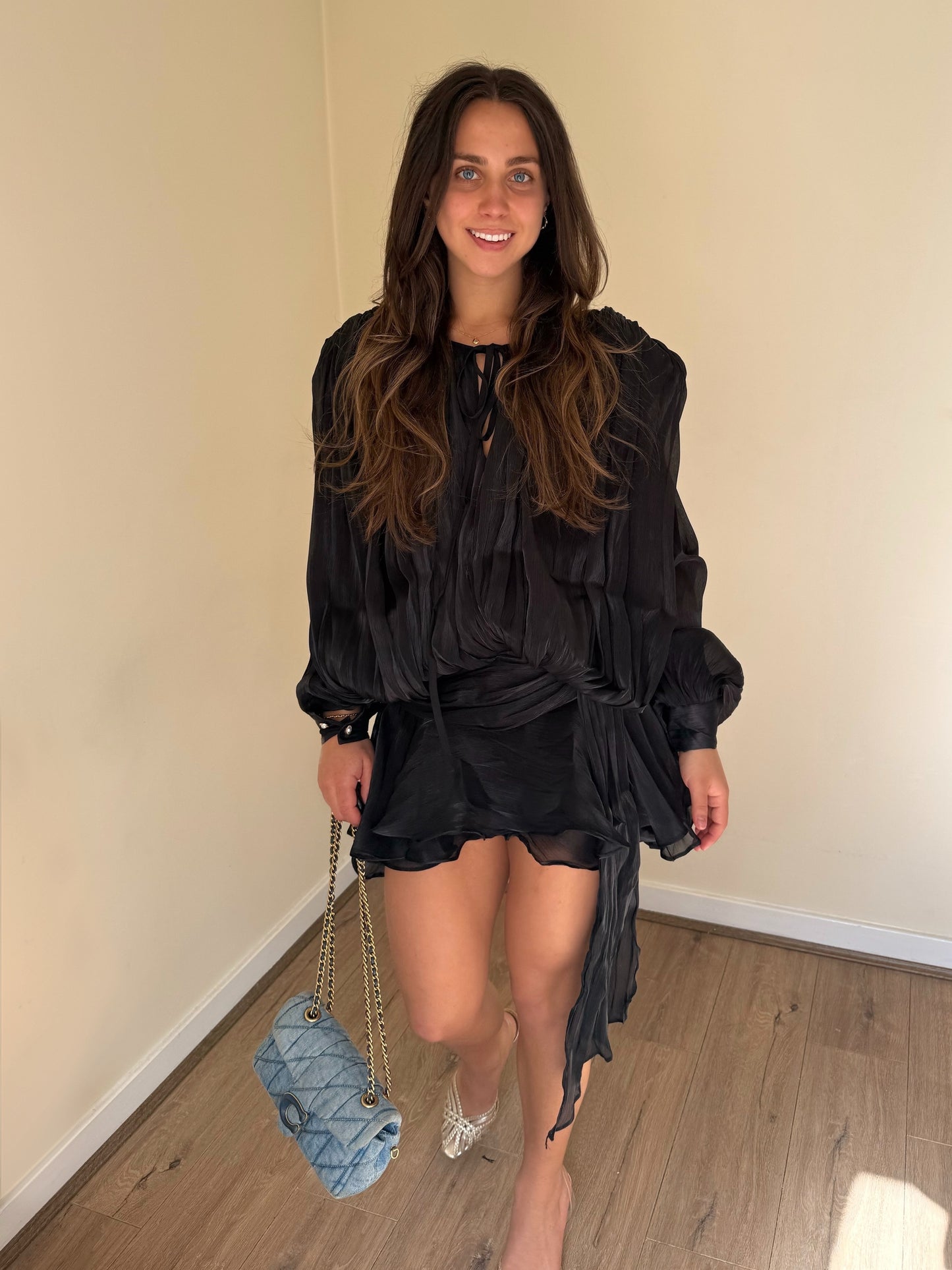 Luxe Silky Mini Ruffle Dress - Black