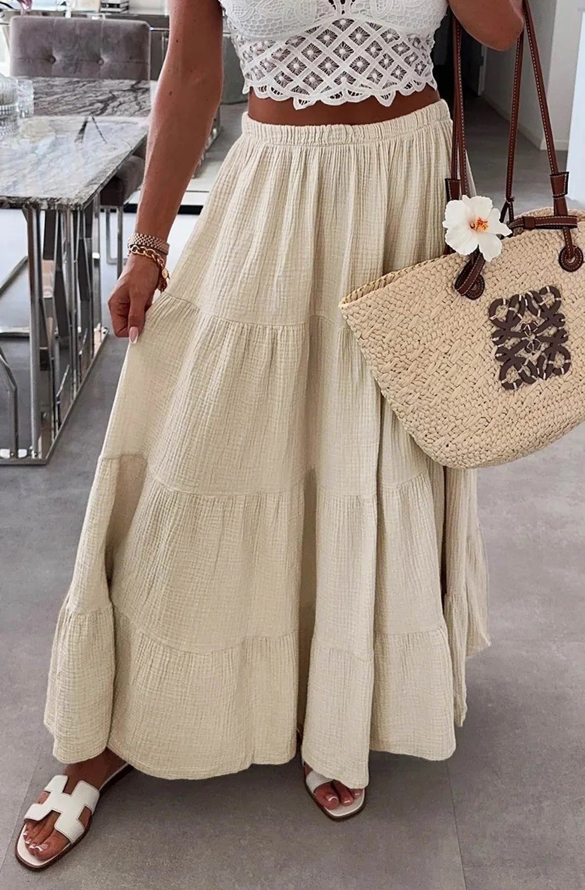 Cotton Maxi Tiered Skirt - Beige
