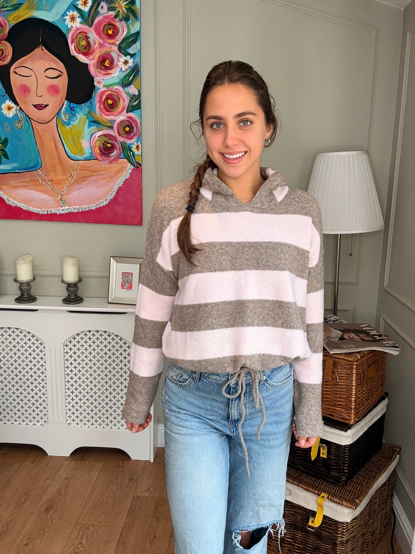 Baby Pink Stripe Knitted Hoodie
