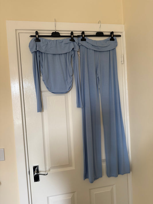 Baby Blue Off the Shoulder Wide Leg Lounge Co Ord