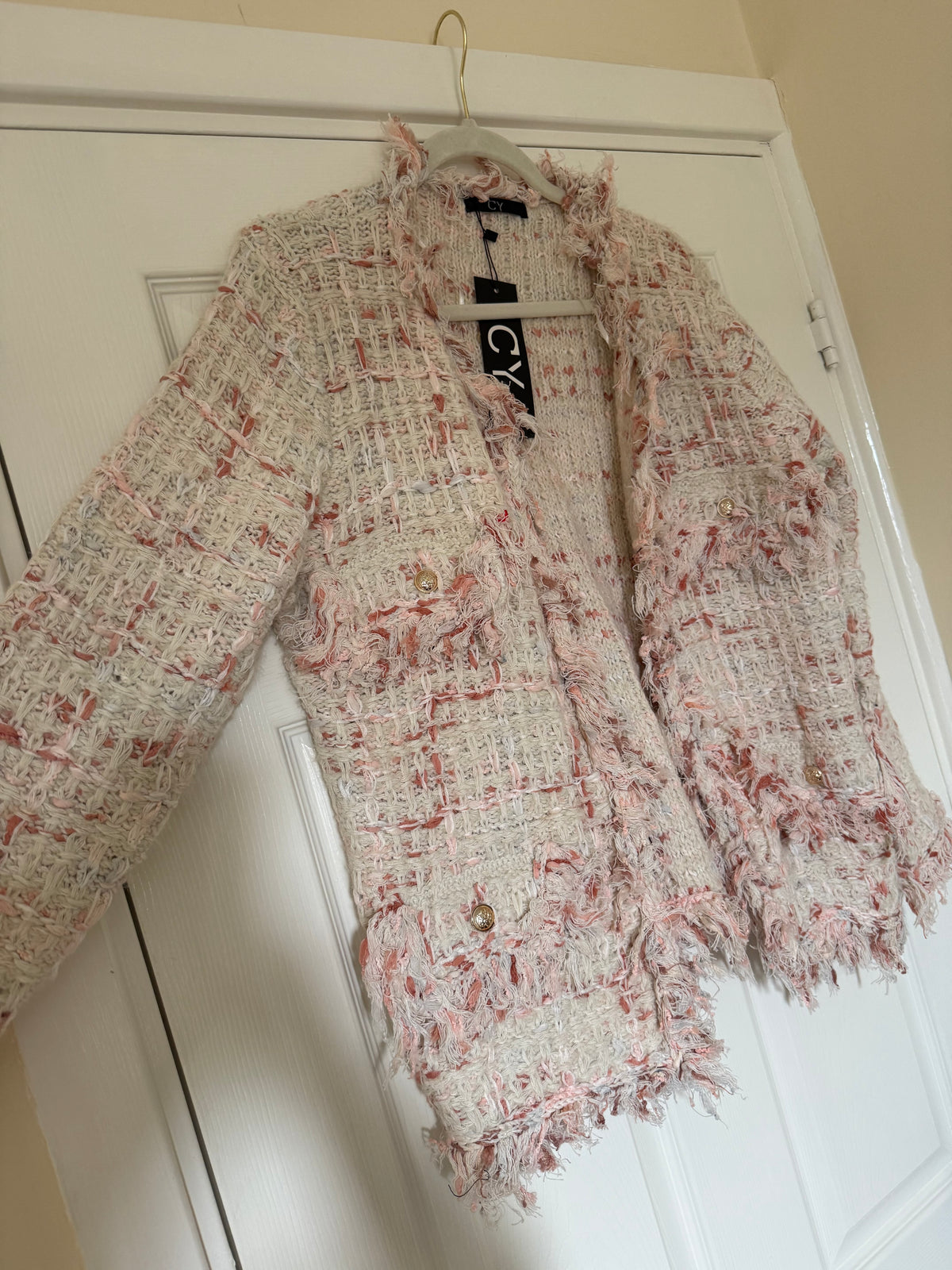 Tweed Style Pink and Cream Textured Cardigan