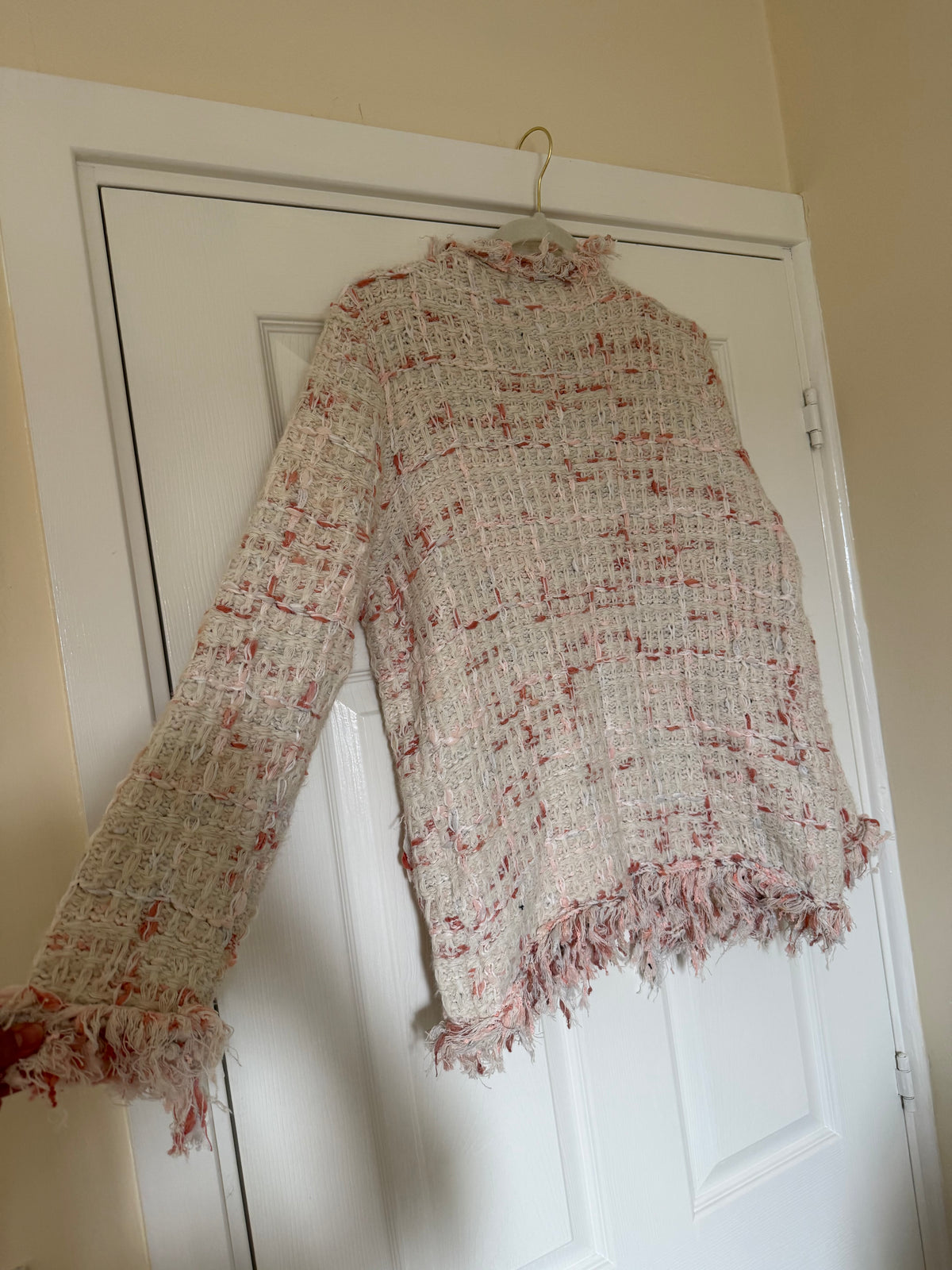 Tweed Style Pink and Cream Textured Cardigan