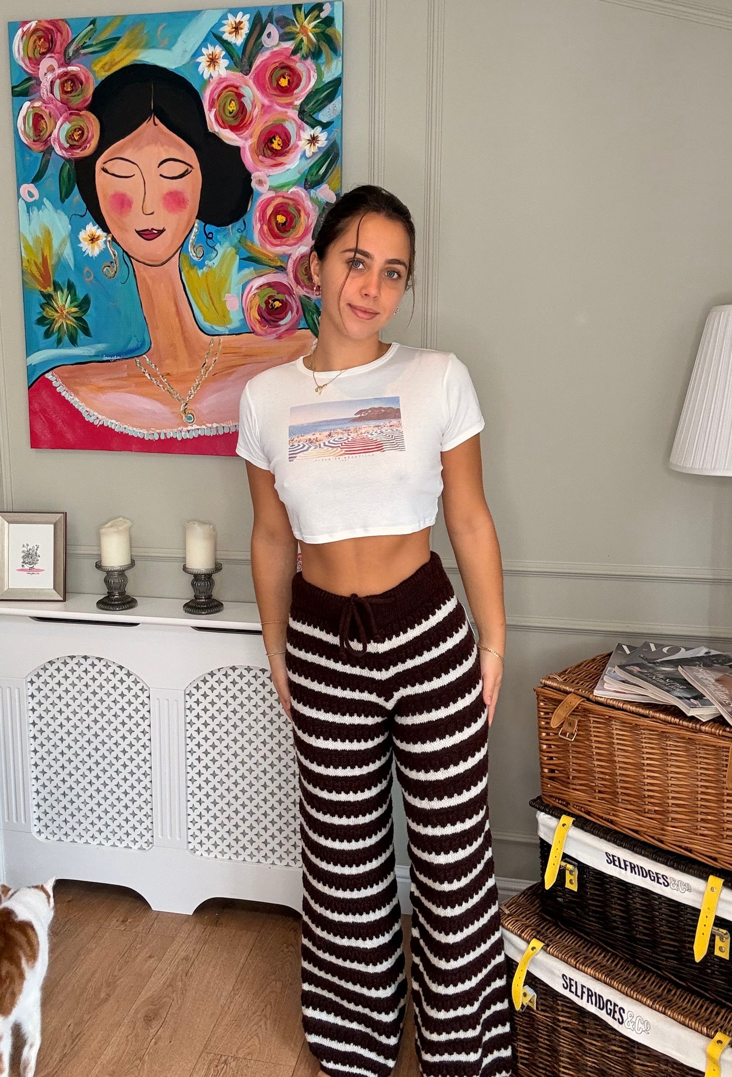 Striped Knitted Wide Leg Trousers - Brown