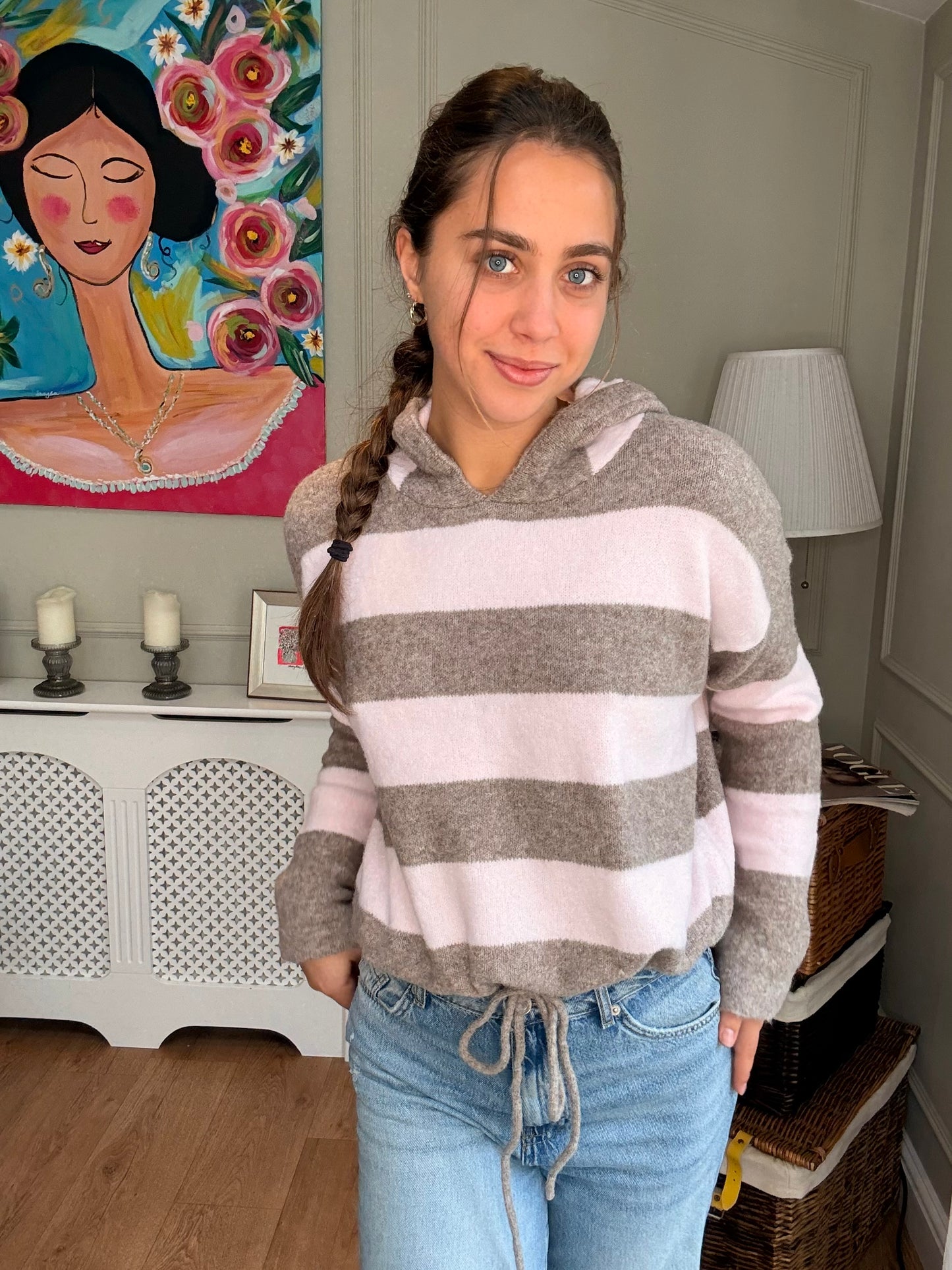 Baby Pink Stripe Knitted Hoodie