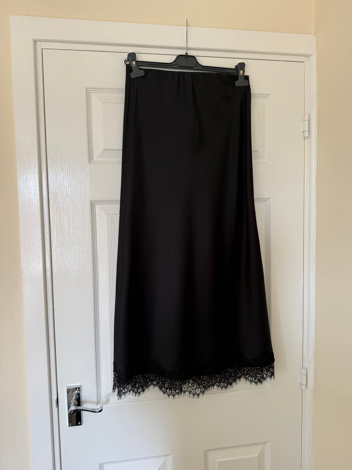 Black Satin Lace Hem Midi Skirt
