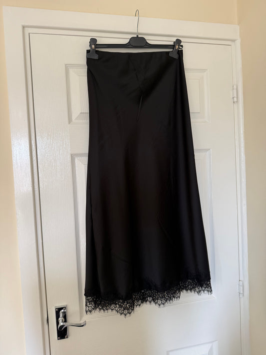 Black Satin Lace Hem Midi Skirt