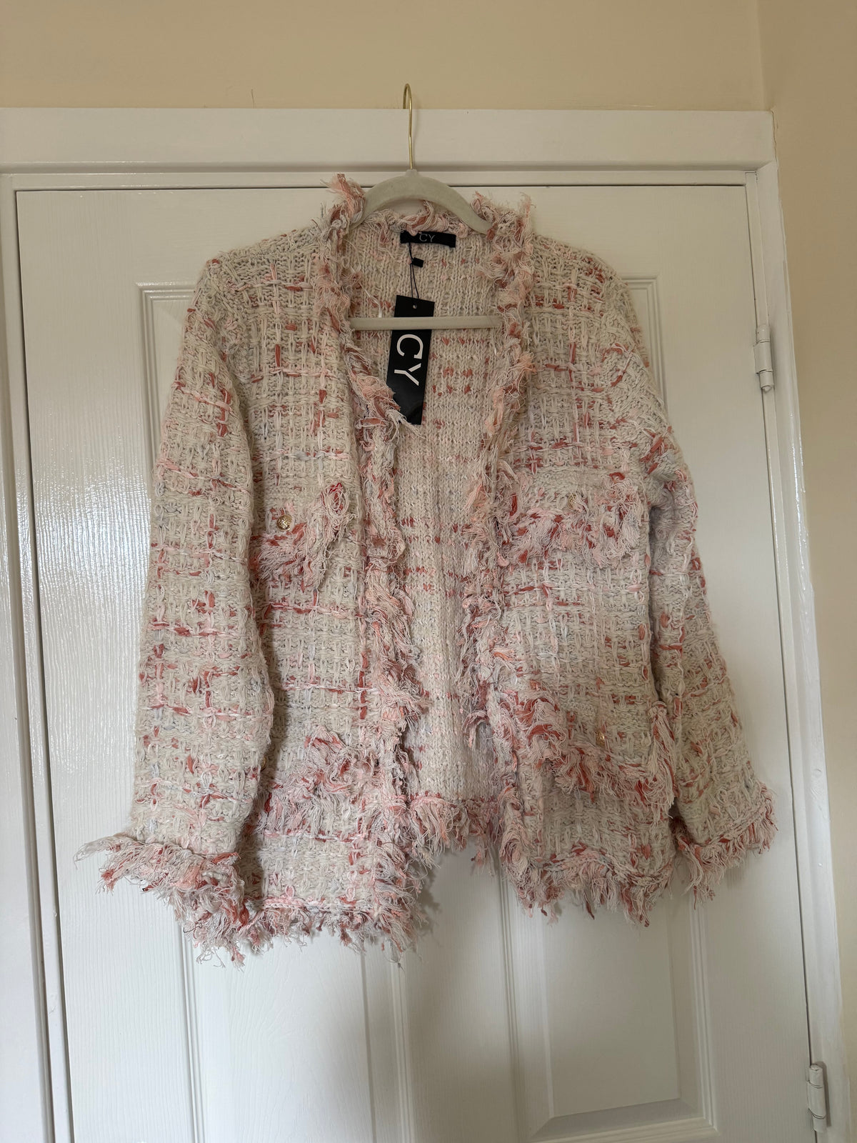 Tweed Style Pink and Cream Textured Cardigan