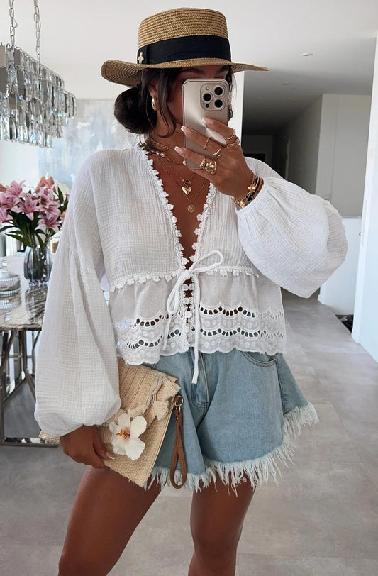 Cotton Tie Front Blouse - Ivory