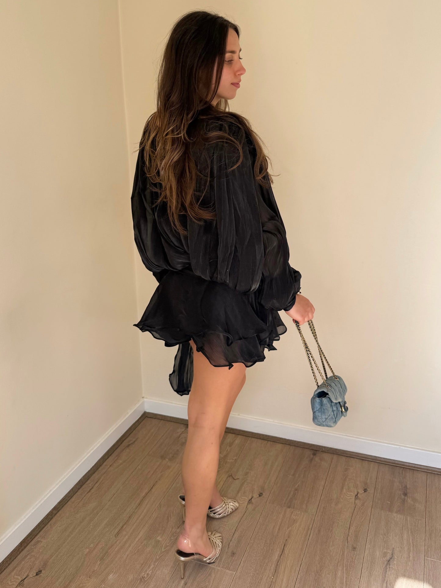 Luxe Silky Mini Ruffle Dress - Black