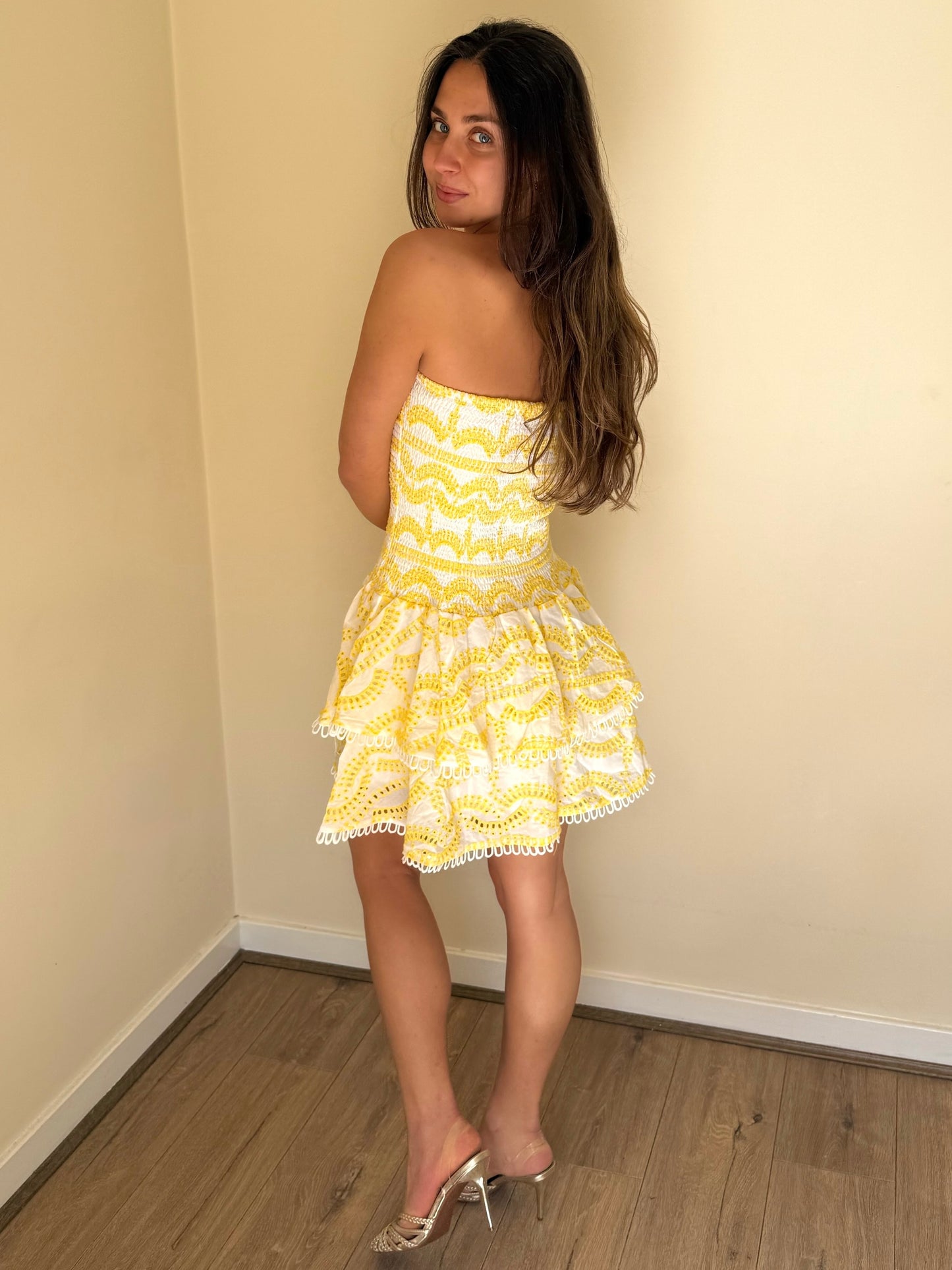 Broderie Anglaise Mini Ruffle Dress - Lemon