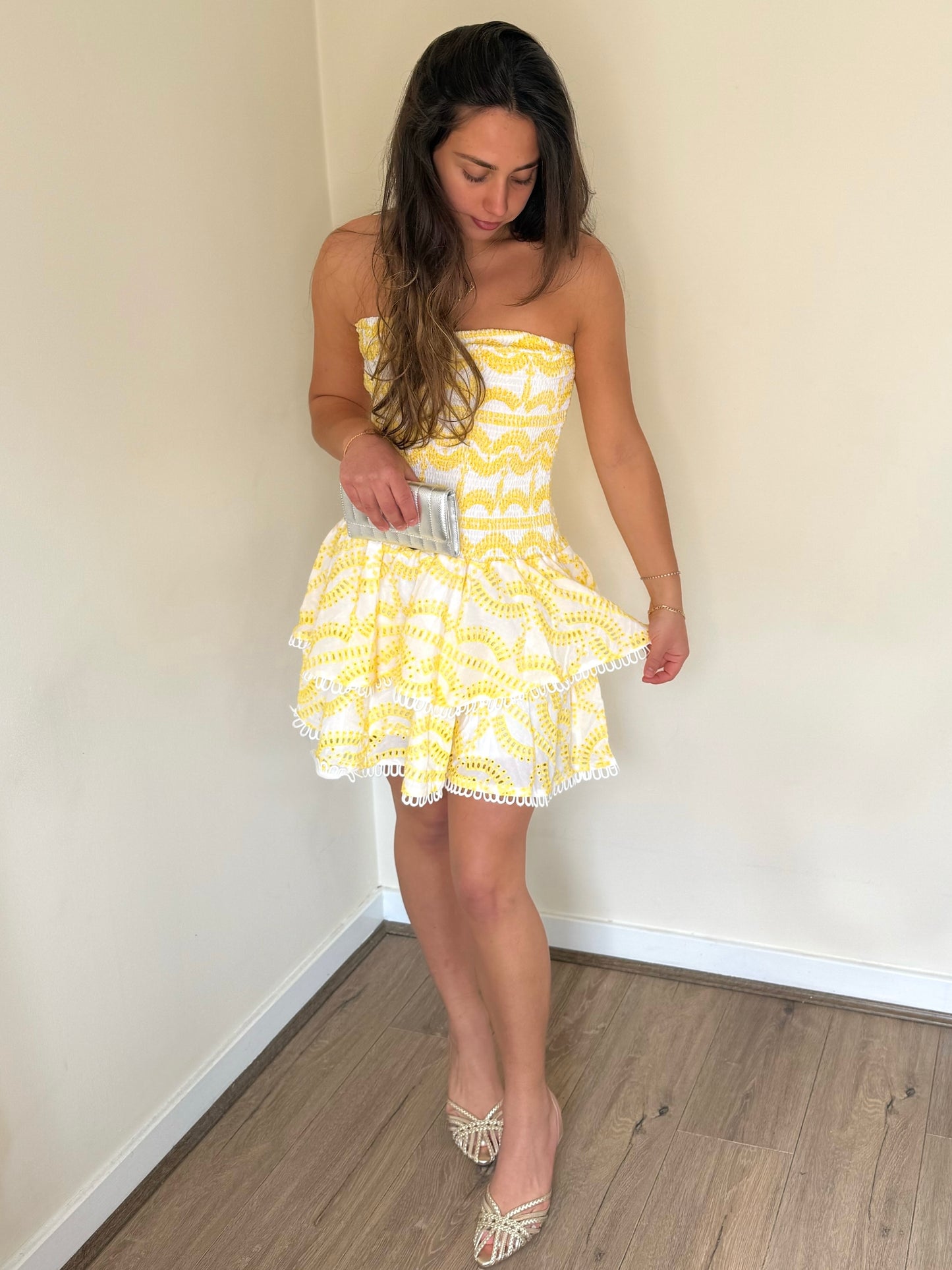 Broderie Anglaise Mini Ruffle Dress - Lemon