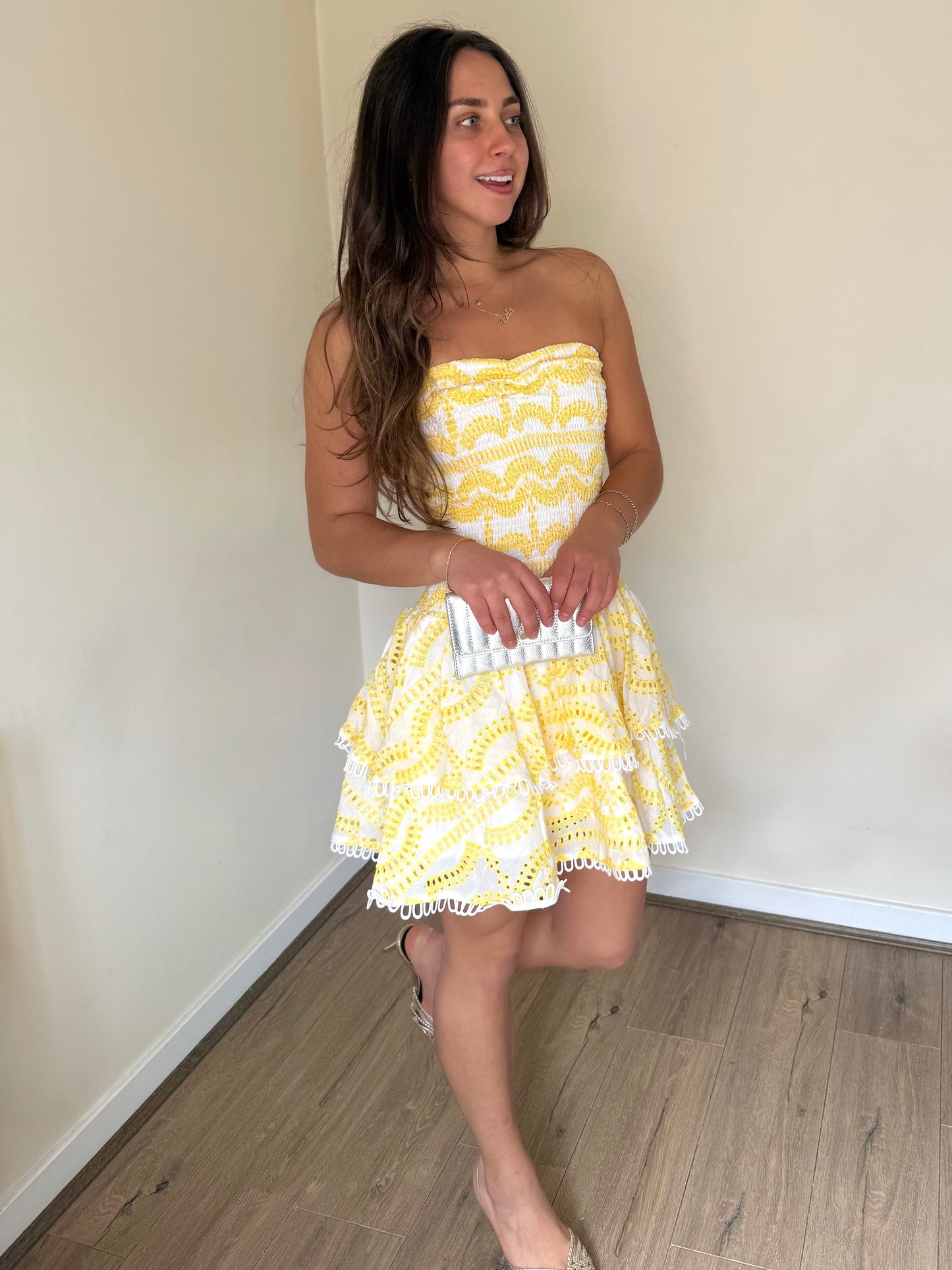 Broderie Anglaise Mini Ruffle Dress - Lemon