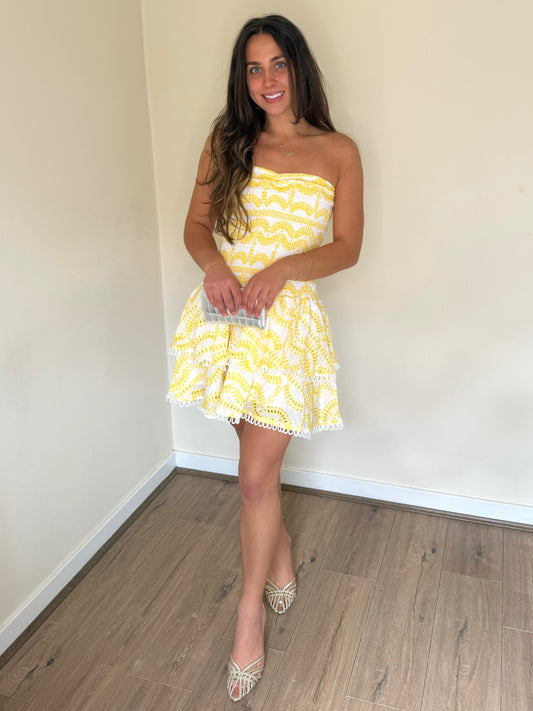 Broderie Anglaise Mini Ruffle Dress - Lemon