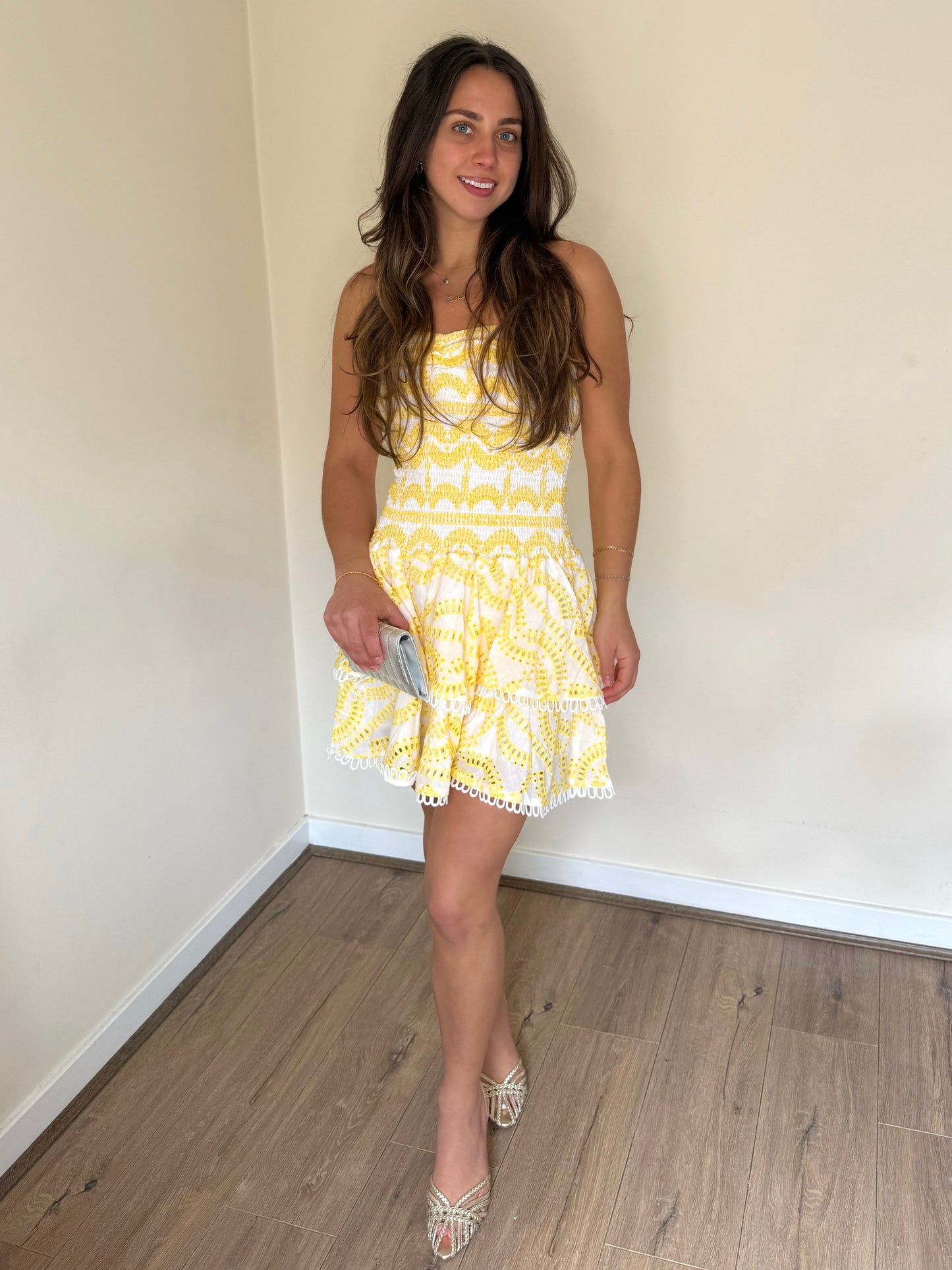 Broderie Anglaise Mini Ruffle Dress - Lemon