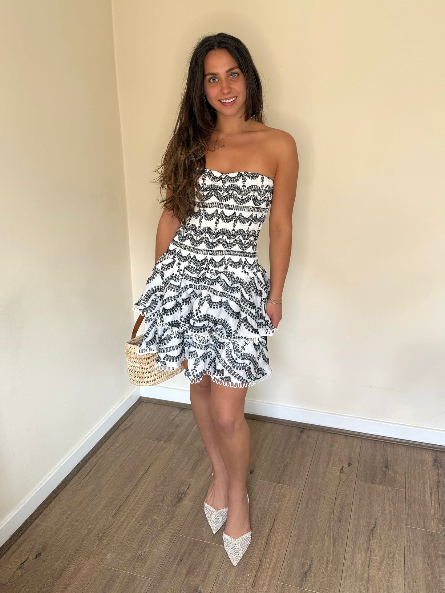 Broderie Anglaise Mini Ruffle Dress - Black