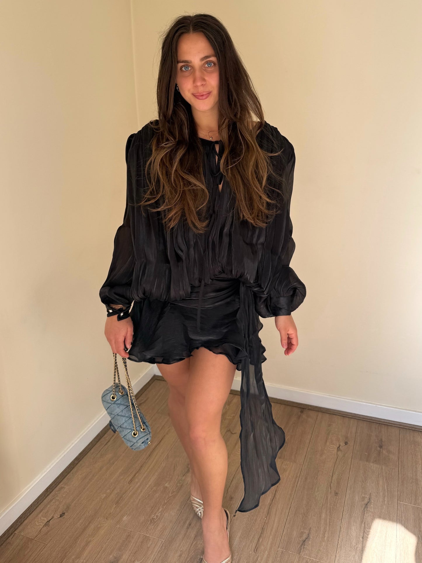 Luxe Silky Mini Ruffle Dress - Black