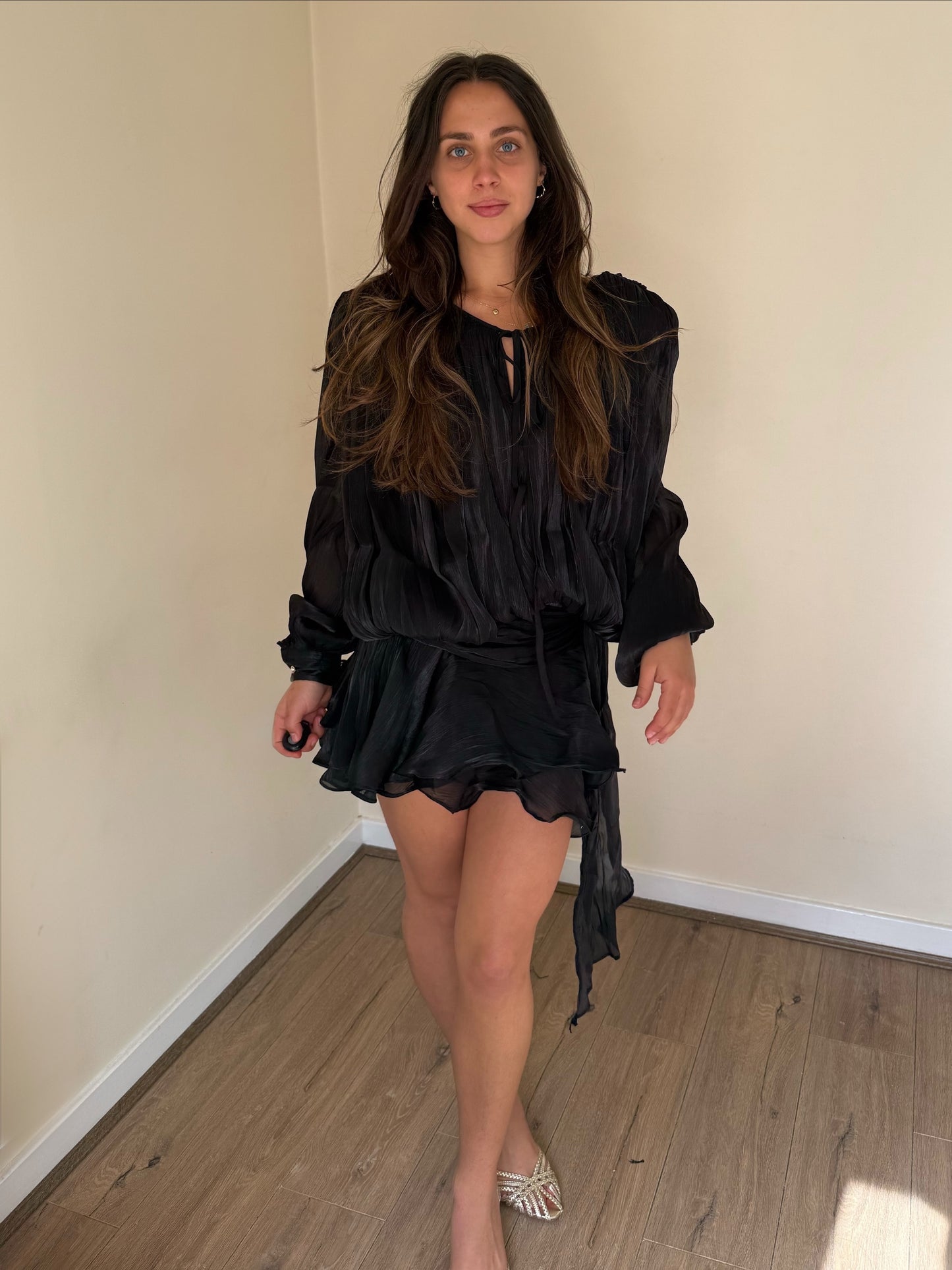 Luxe Silky Mini Ruffle Dress - Black