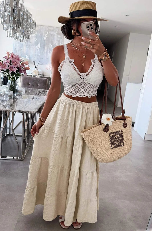 Cotton Maxi Tiered Skirt - Beige