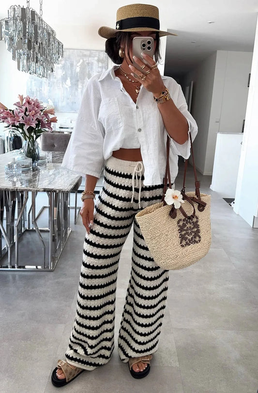 Striped Knitted Wide Leg Trousers - Ivory