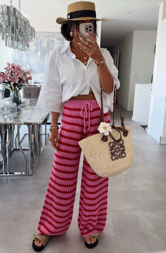 Striped Knitted Wide Leg Trousers - Pink